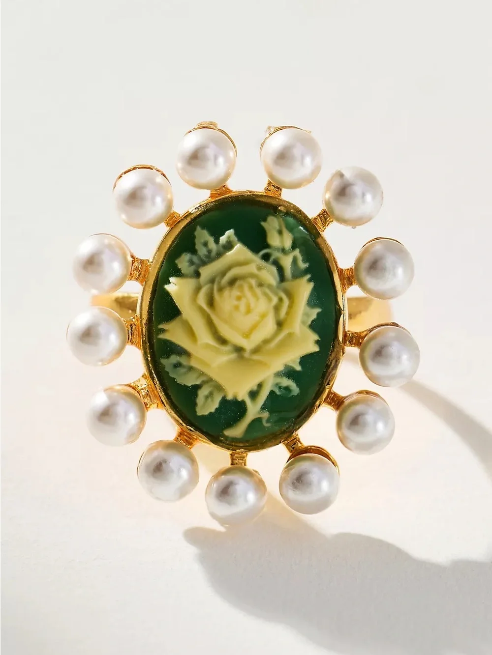 Anthropologie Cameo Floral Cocktail Ring with Pearls